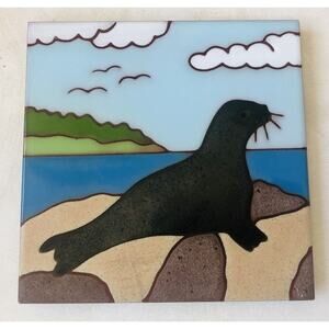 Vintage 1989 Sea Lion Ceramic Besheer Art Tile Trivet Wall Decor New Hampshire